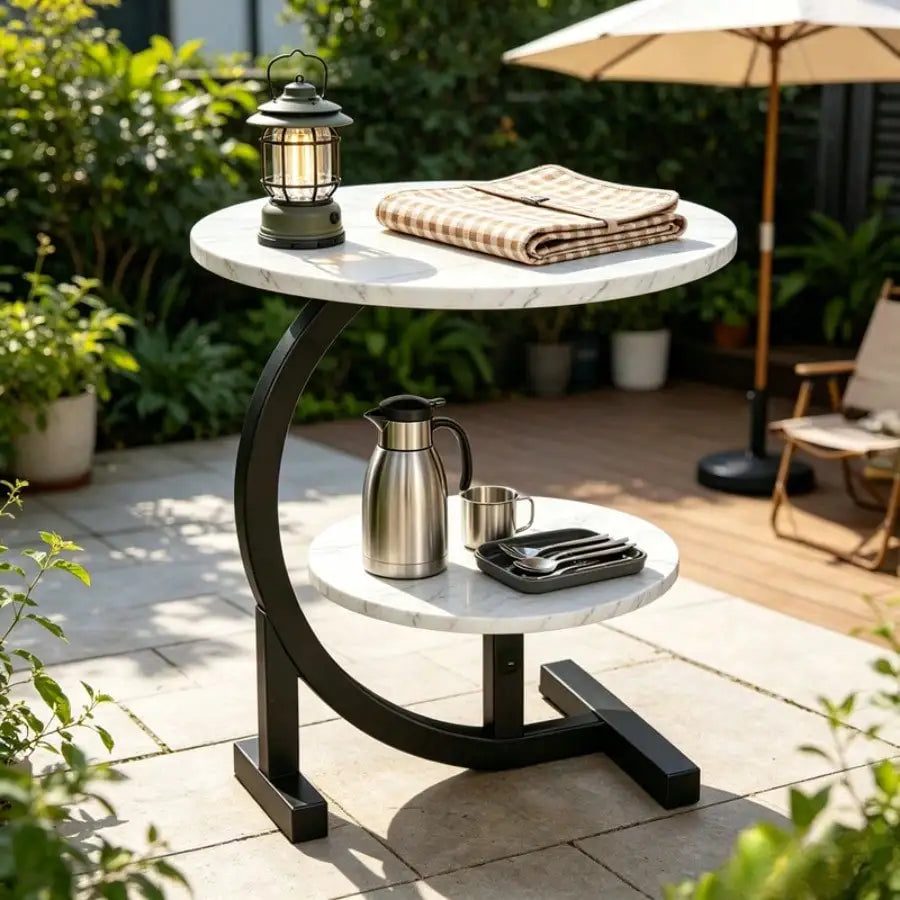 2-Tier Outdoor Patio Side Table, C-Shaped Weather Resistant Faux Marble End Table With Sturdy Metal Frame, Perfect For Garden, Backyard, Balcony, Poolside, Small Spaces, Indoor & Outdoor Use, For Camping