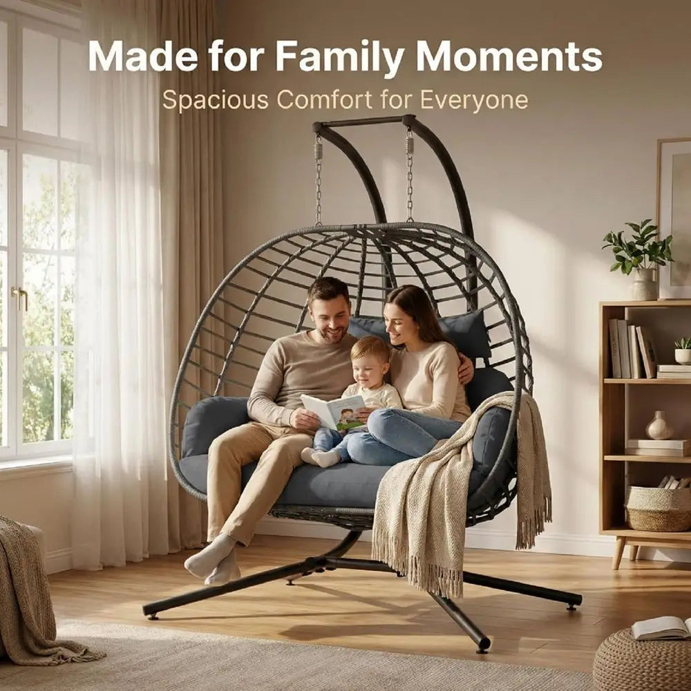 Double Egg Swing Chair with Stand, Outdoor Patio 2 Person Hanging Wicker Hammock Chairs with Cushion or Indoor Bedroom, Lawn, Ga