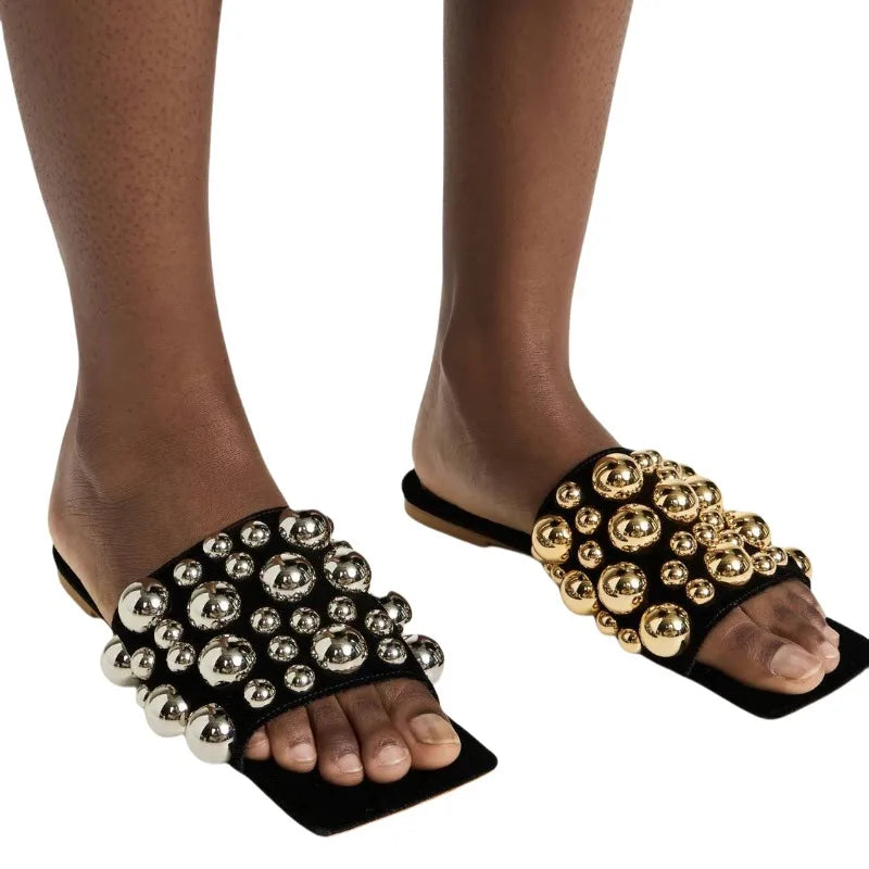 European AndAmerican Nichelightluxurycolorblocked Rivet Flat Bottomed Shallow Mouth Single Shoe Women's Fashion Runway Slippers