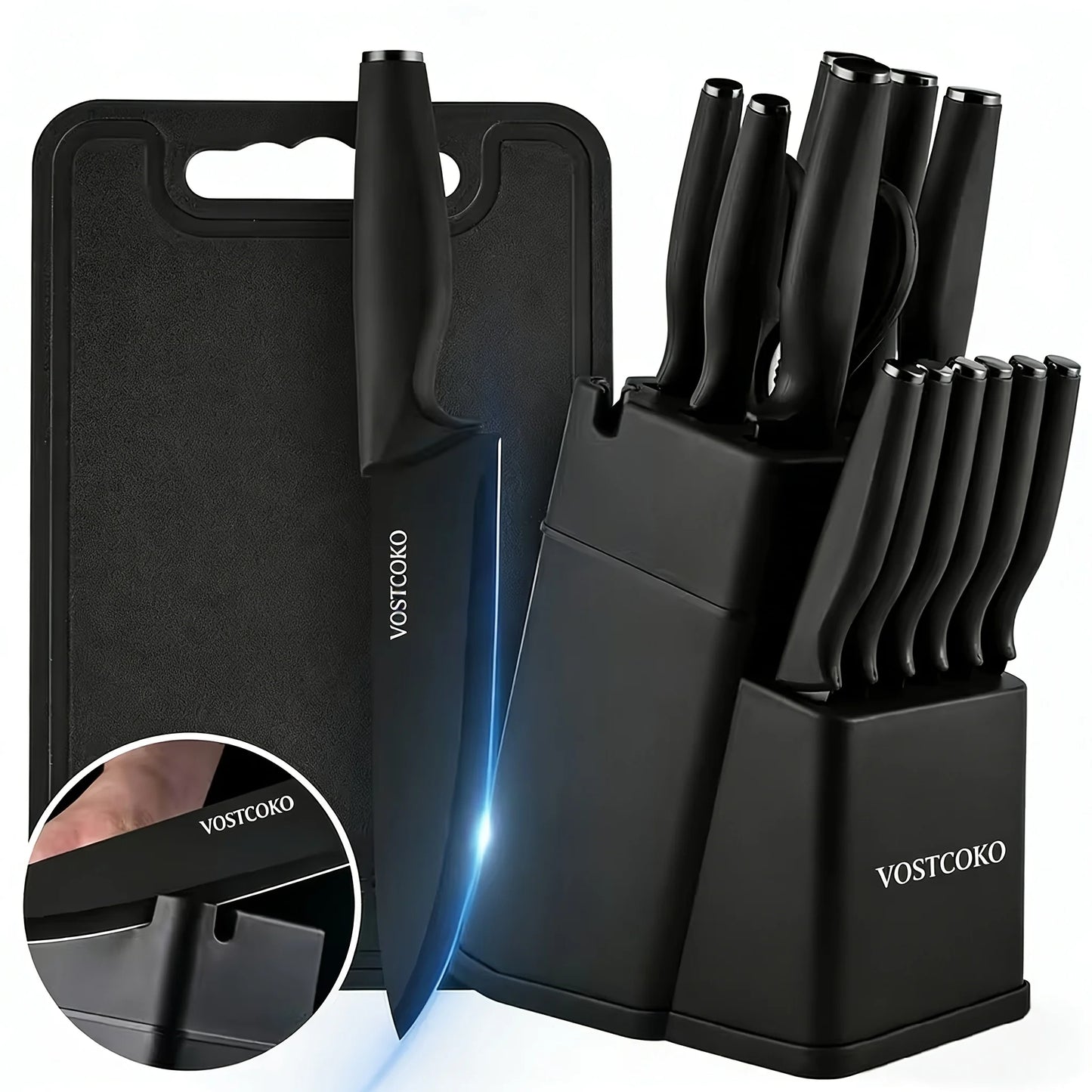 15pcs Professional Black Kitchen Knife Set, Including A Cutting Board, Chef's Knife with Non-slip ABS Handle, Plastic Cutting Bo