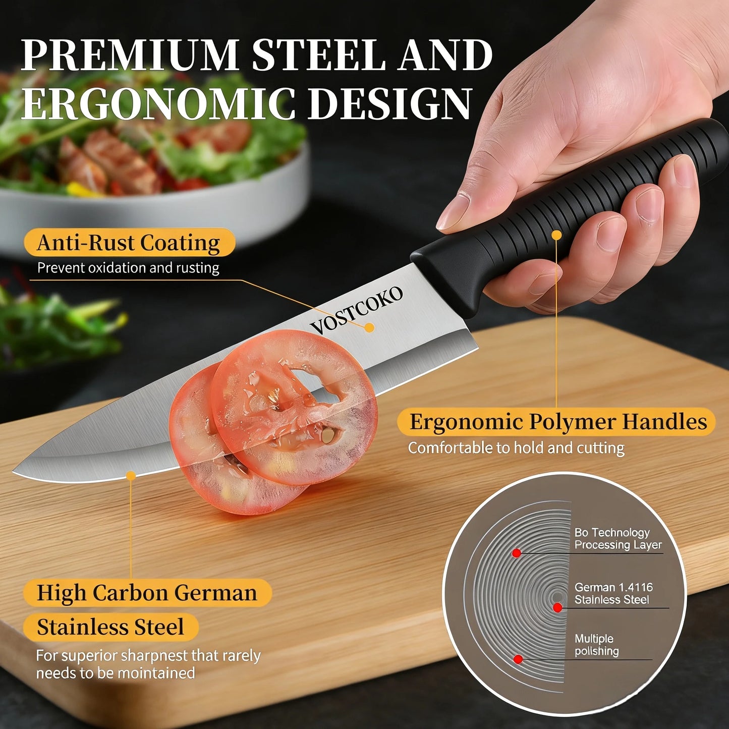 15pcs Professional Black Kitchen Knife Set, Including A Cutting Board, Chef's Knife with Non-slip ABS Handle, Plastic Cutting Bo