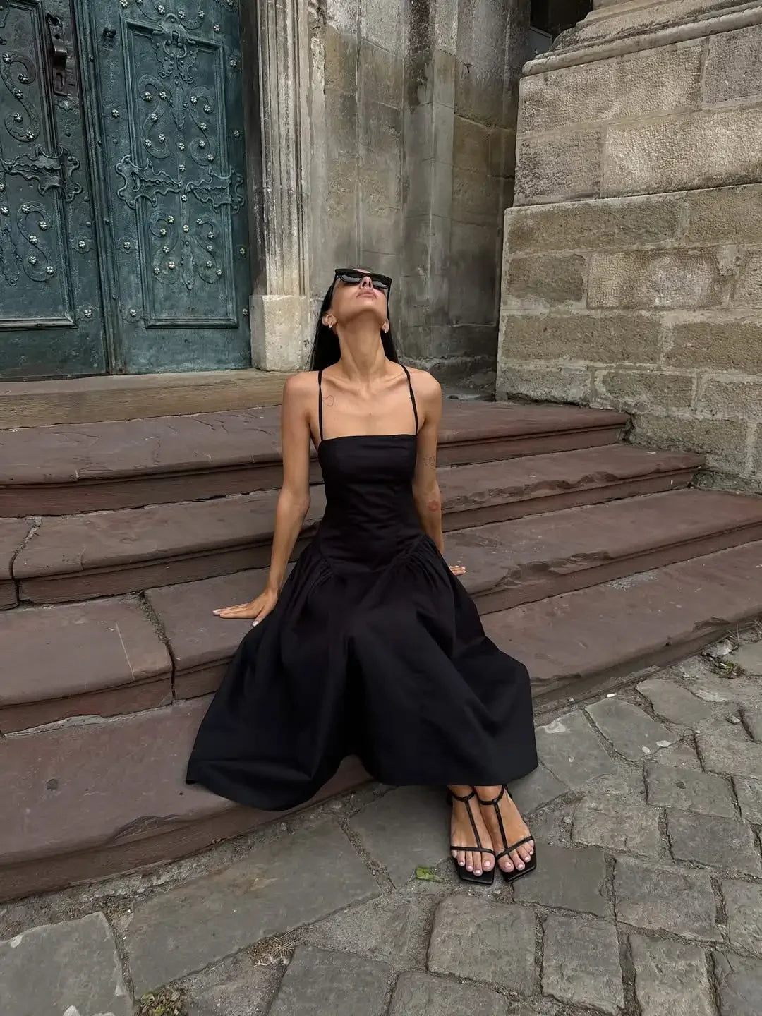 Solid Pleated Sling Dress Women Elegant Sleeveless Backless Off Shoulder Patchwork Midi Dresses 2026 Lady Vacation Street Robe