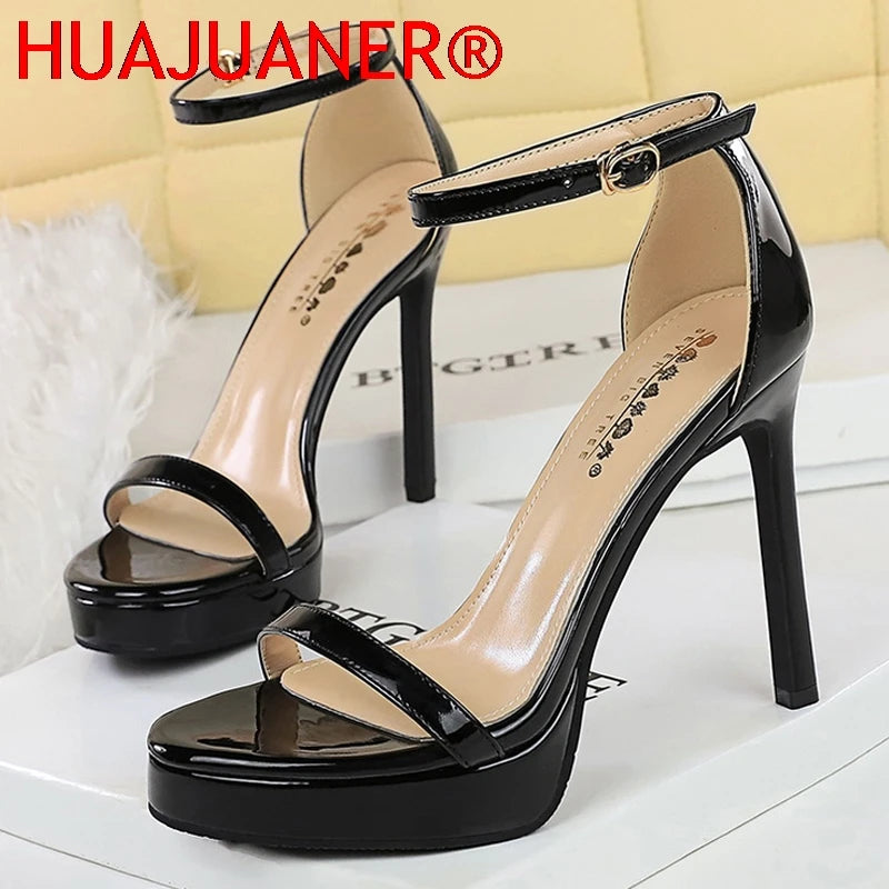 Luxury Women 11 cm Heels Sandals Women pumps Peep Toe High Heels Patent leather Stiletto Lady Sandals Summer Shoes Platform Heel