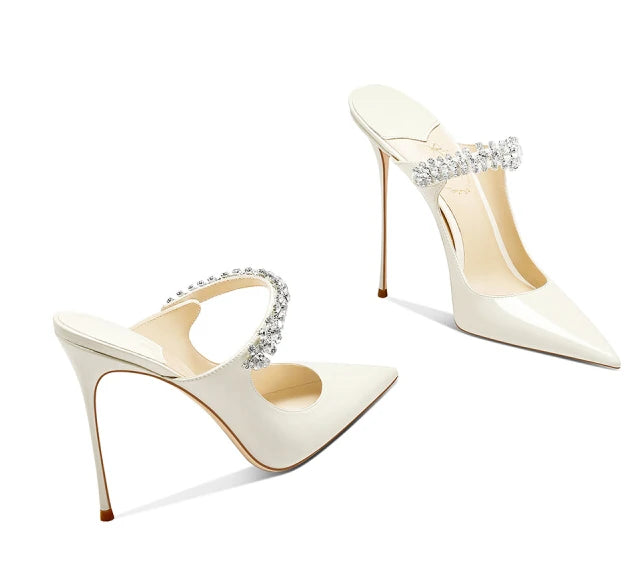 2026 White Patent Leather Temperament Rhinestone with Skirt Pointed Head Stiletto High Heels Women