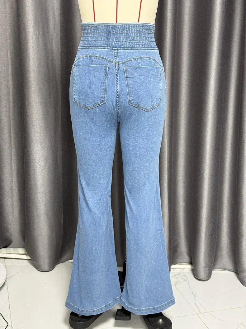 XTOCEAN High Waist Elastic Waistband Flared Jeans Women's Slim Fit Stretchy Butt Lifting Denim Trousers Cross-Border Fashion