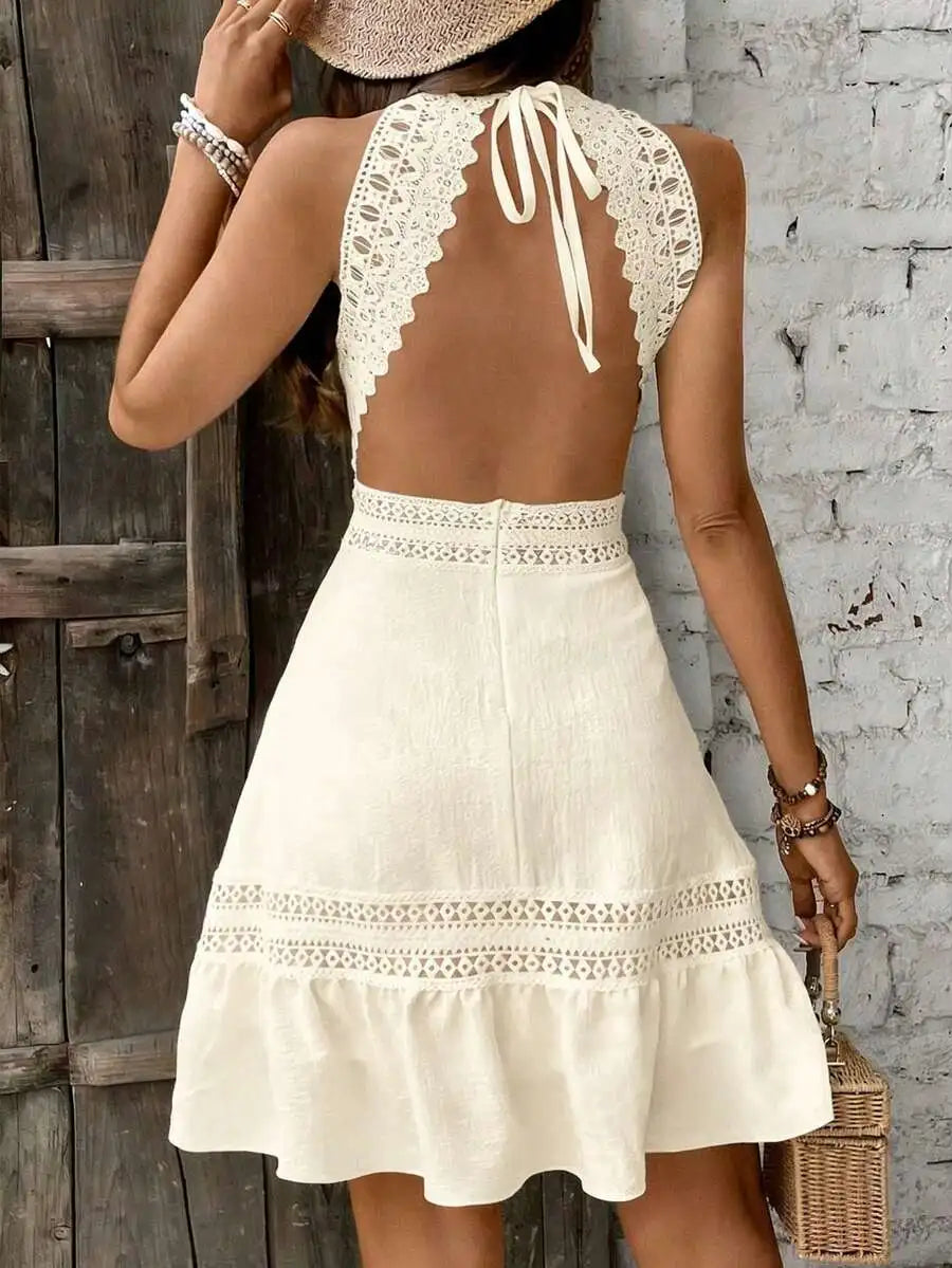 Vintage Style Womens Lace Backless Mini Dress Beach Vacation Outfit