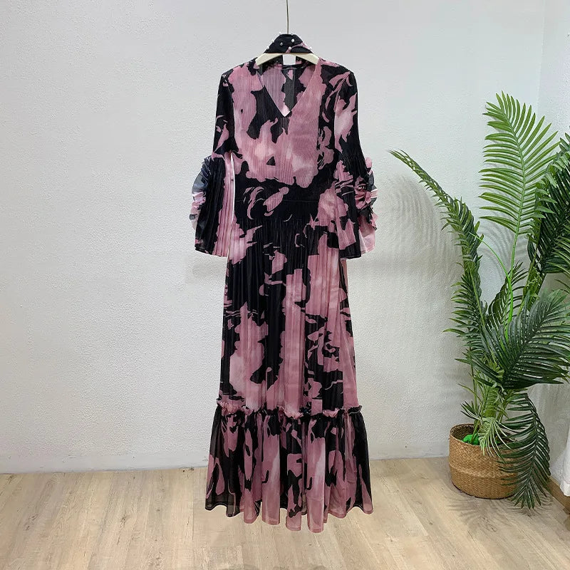 Fold Miyake Pleated Pink Tie Dye Floral Print V Neck Ruffle Sleeve Pearl Beaded Waist Maxi Dress Loose Breathable Elegant Wear