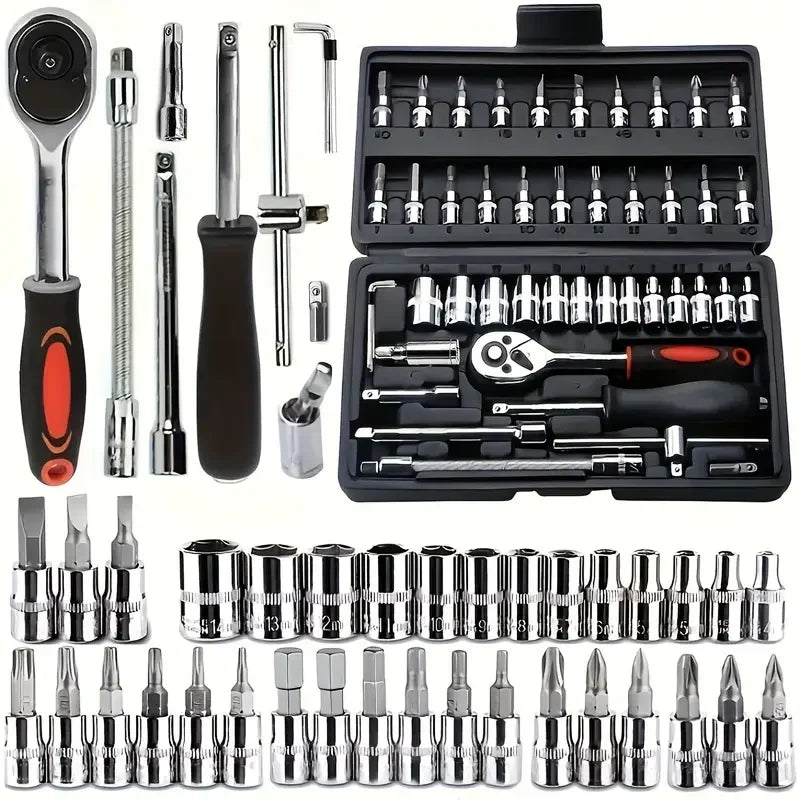 46-piece set 1/4 ratchet wrench with hexagonal sleeve wrench set Automobile repair tool complete set Quick tool Quick repair