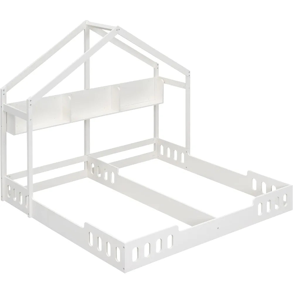 P PURLOVE Twin House Bed for 2 Kids,Double Twin Size Shared Beds with Fence Railings,House Montessori Floor Bed Frame Twin Size