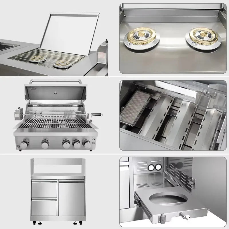 Custom 304 Stainless Steel Movable Modular Outdoor Kitchen BBQ Island Fireproof Cabinet Set With Drawers Hot Sale For Catering