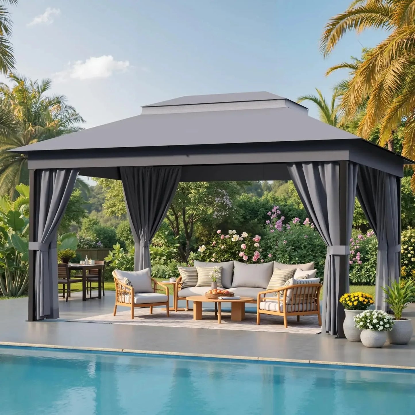 10x13 Outdoor Gazebo Canopy Heavy Duty Metal Frame Double Roof Mosquito Net Privacy Screen Patio Garden Backyard Custom