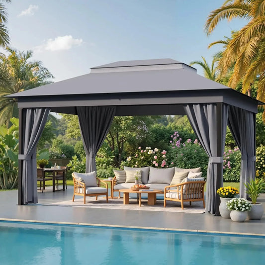 10x13 Outdoor Gazebo Canopy Heavy Duty Metal Frame Double Roof Mosquito Net Privacy Screen Patio Garden Backyard Custom