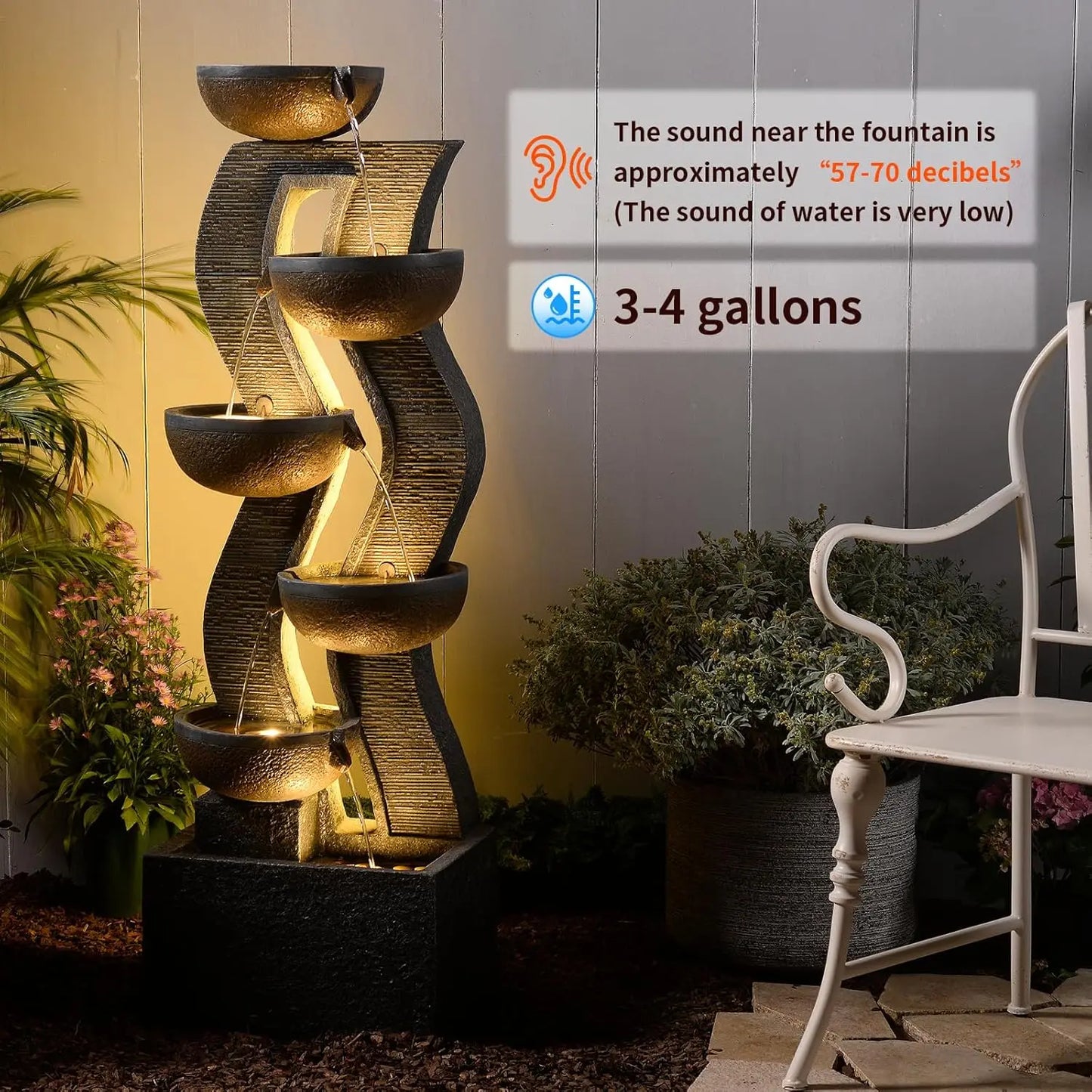 52.8" Tall Outdoor Water Fountain with Lights, 6-Tier Cascading Resin Waterfall Feature for Porch, Garden, Yard, Deck, Patio – L