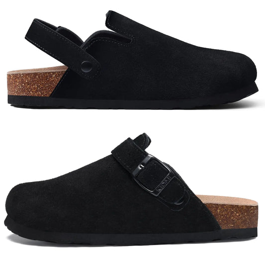 Bebealy Women's Genuine Clogs with Adjustable Strap Fashion Slip On Potato Shoes Cork Footbed Leather Mules With Arch Support