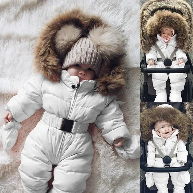 New baby winter fur collar hooded thick warm solid color cute sports zipper waist cinching jumpsuit