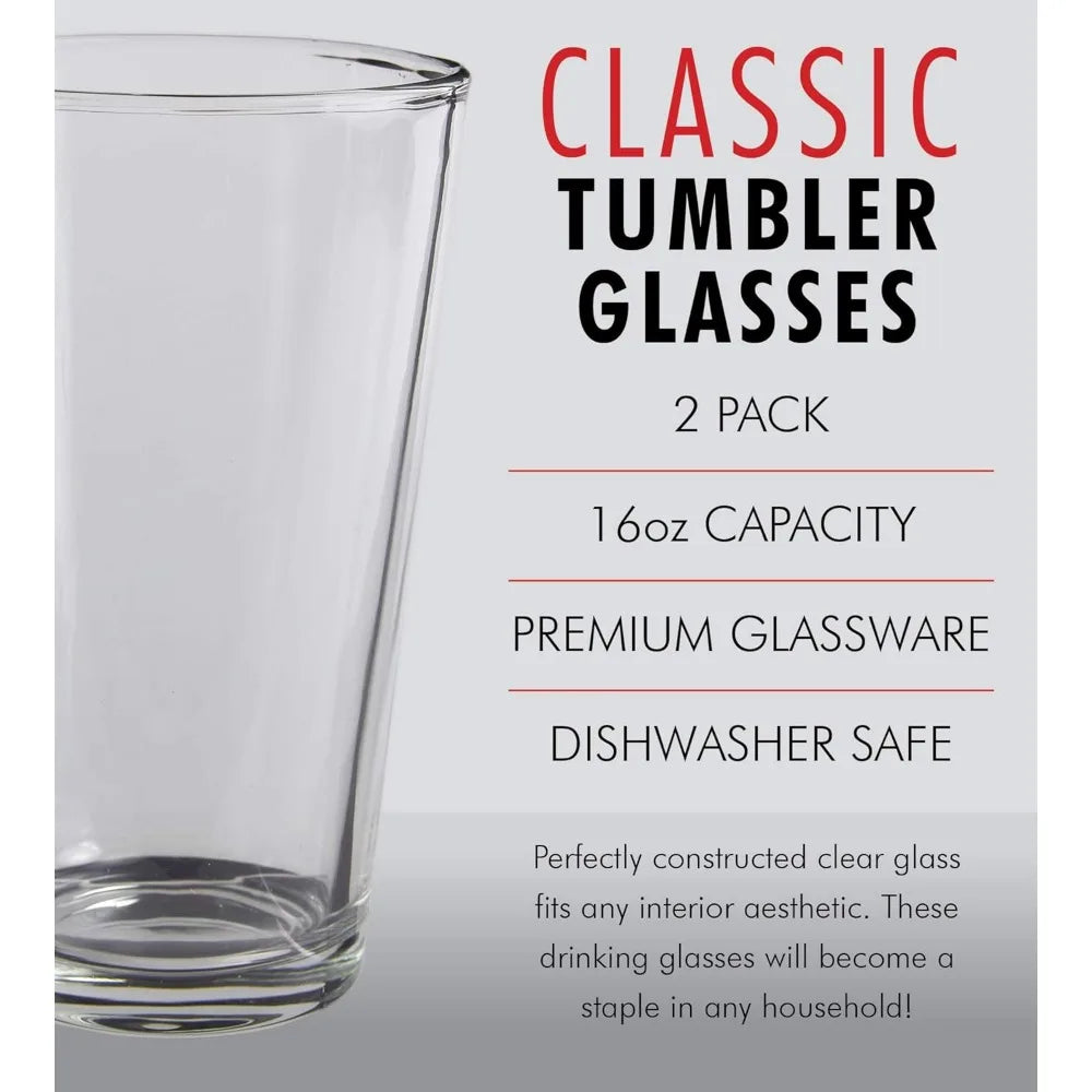 Beer Glasses Set of 6 – 16 oz Tall Clear Drinking Glasses and All Purpose Tumblers – Heavy Base Cocktail, Water, Juice Glass