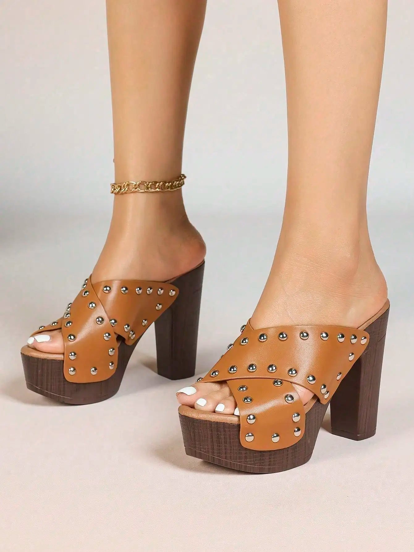 Women's Platform Sandal Heeled Sandals For Women Chunky Heel Summer Dressy Leather Peep Toe Mule Sandals Block Heel Shoes