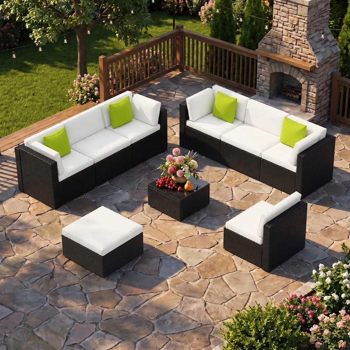 10/9 Piece Modular PE Wicker Patio Conversation Set, Outdoor Sectional Sofa with Removable Thick Cushions, Glass Top Coffee Side Tables, All Weather Rattan Furniture for Backyard Poolside Garden Deck