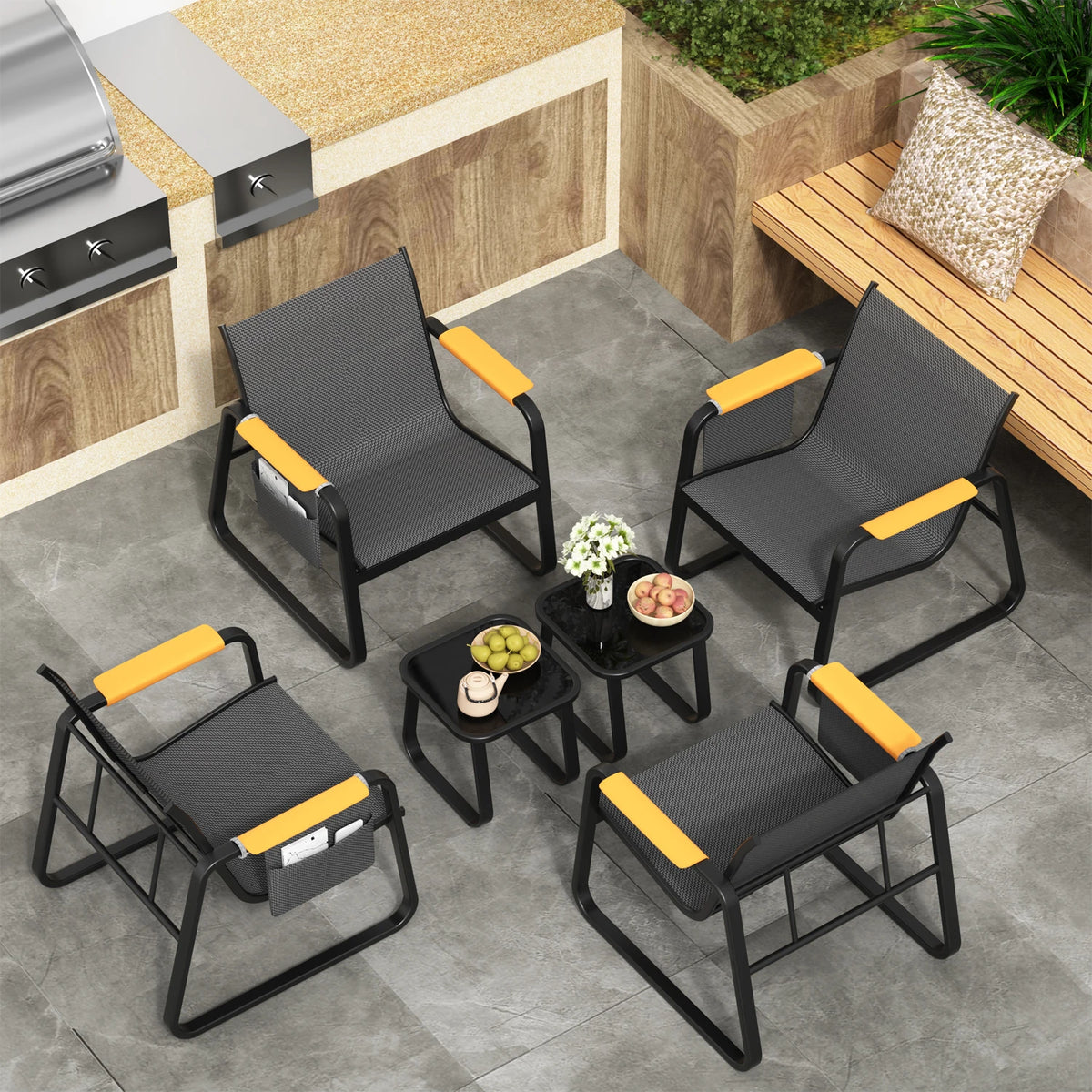 6-Piece Textilene Patio Conversation Set, Outdoor Chairs with Wide Armrests & Side Storage Pockets, 2 Glass Top Side Tables, Weather Resistant Metal Frame for Backyard Poolside Garden Deck