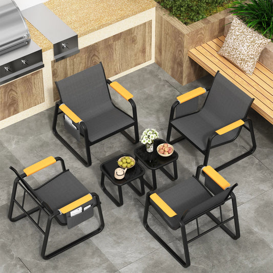 6-Piece Textilene Patio Conversation Set, Outdoor Chairs with Wide Armrests & Side Storage Pockets, 2 Glass Top Side Tables, Weather Resistant Metal Frame for Backyard Poolside Garden Deck