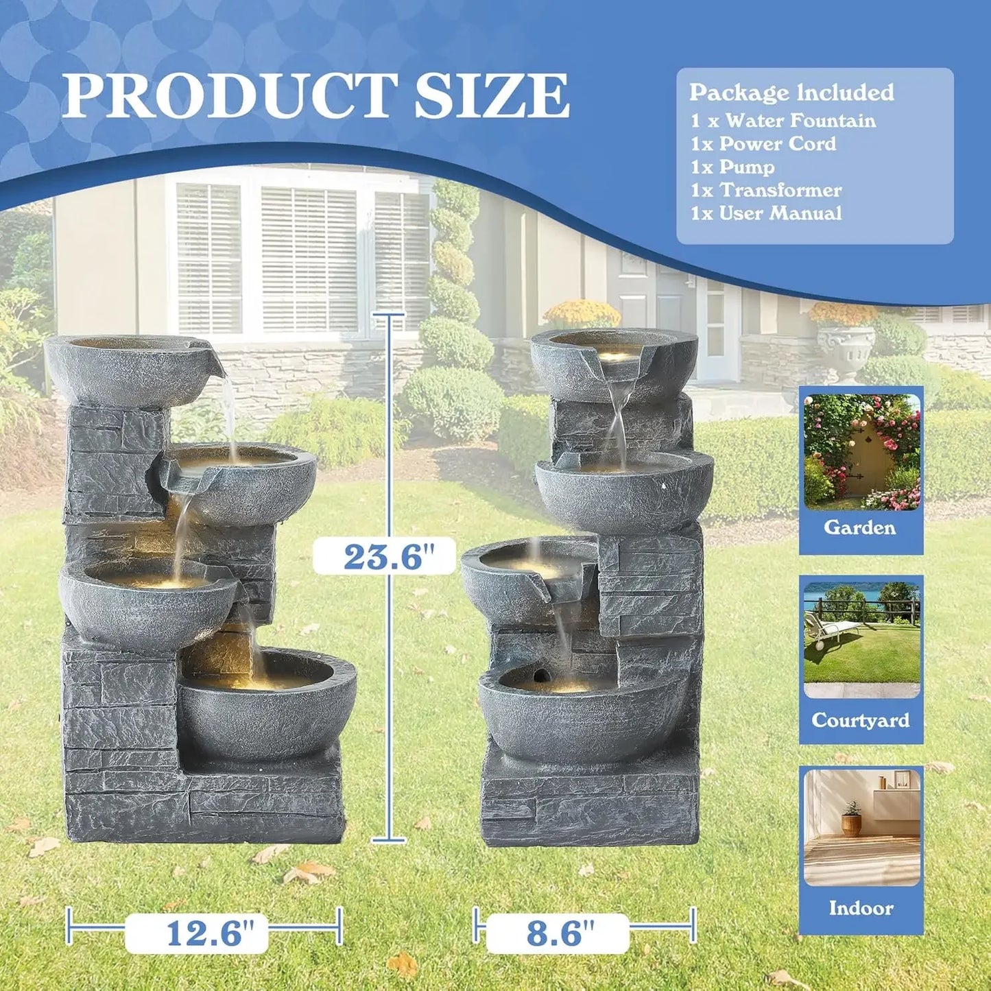 Outdoor Water Fountains with Cascading Bowls, 4-Tiers Fountains and Waterfalls w/LED Lights,Indoor Morden Floor Standing Resin W