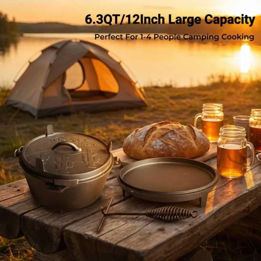6.3qt Cast Iron Camping Dutch Ovenwith 12inch Skillet Lid Outdoor Dutch Oven Includes Claw Foot kazan for Baking Braising Campf