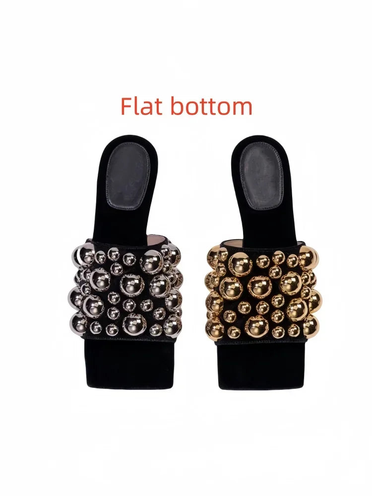 European AndAmerican Nichelightluxurycolorblocked Rivet Flat Bottomed Shallow Mouth Single Shoe Women's Fashion Runway Slippers