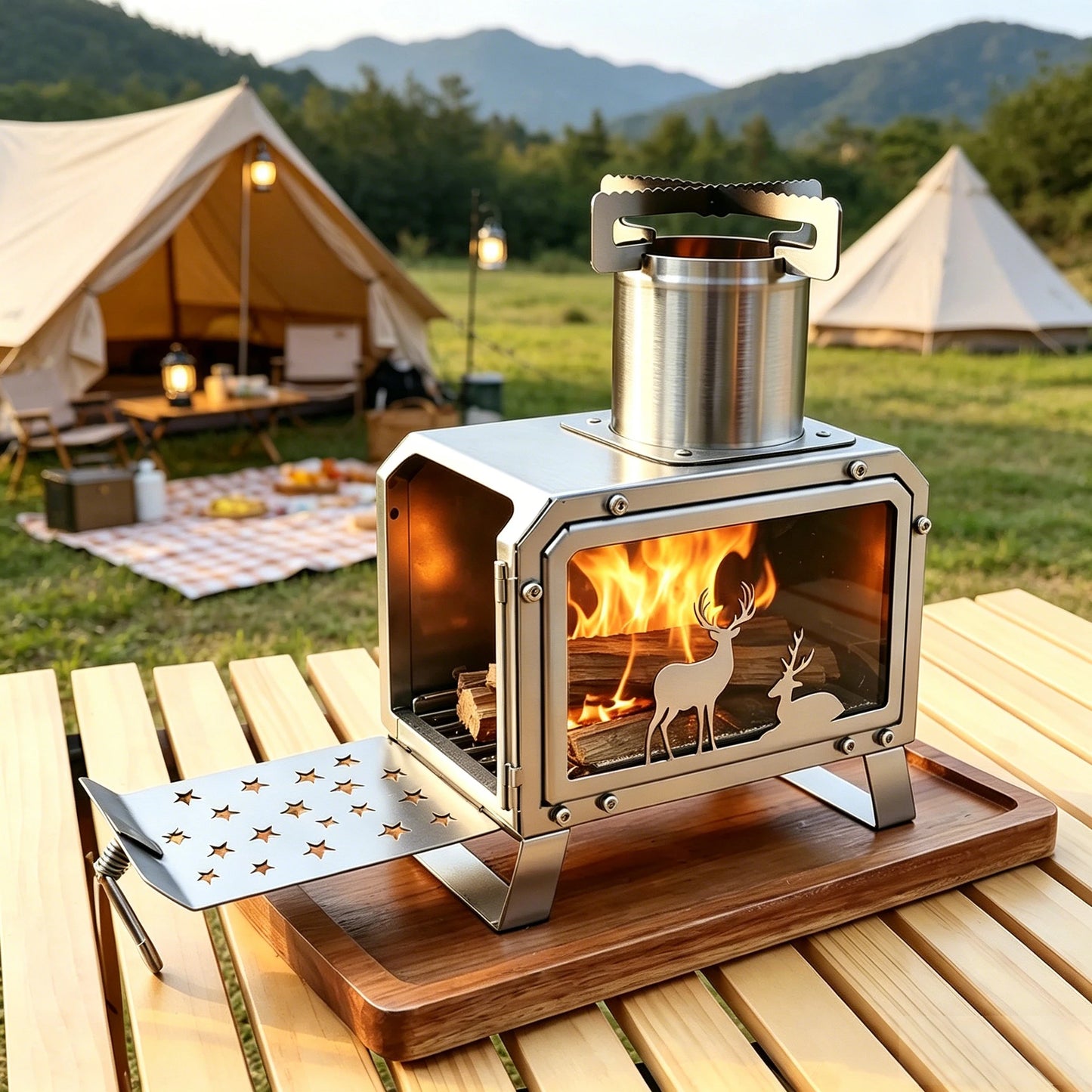 Portable Stainless Steel Foldable Square Outdoor Firewood Burner Stove for Picnic Hiking Camping Outdoor Kitchen Accessories