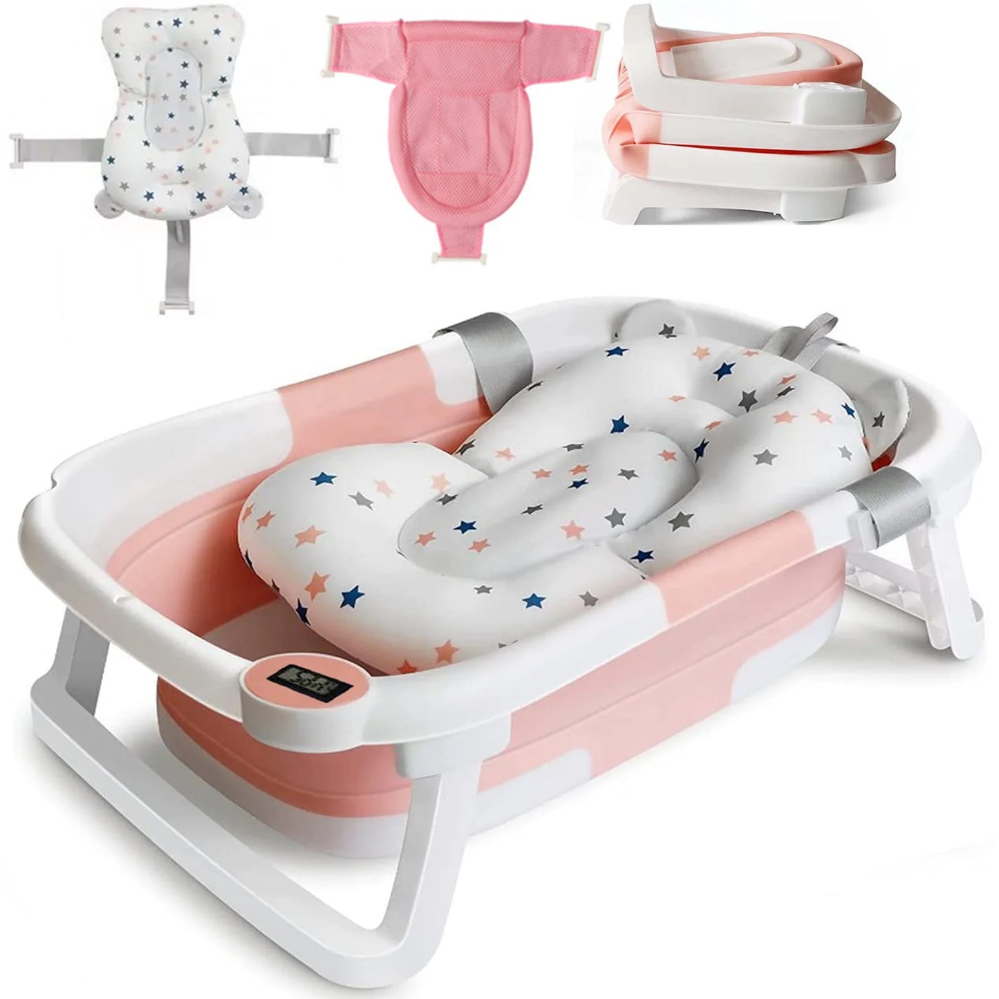 Baby Bath Tub with Bath Cushion Foldable Bathtub with Thermometer Shower Cap Shower Brush for Newborn and Toddler 0-36 Months