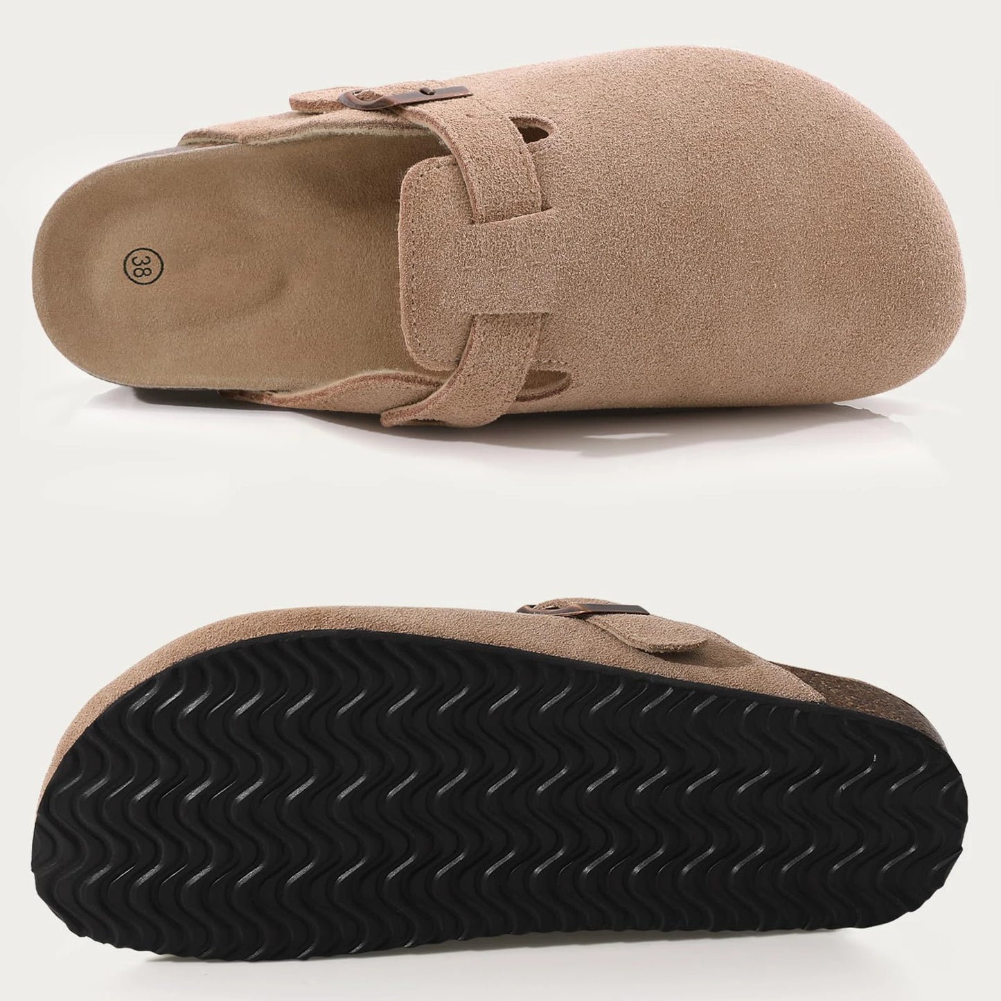 Bebealy Women's Genuine Clogs with Adjustable Strap Fashion Slip On Potato Shoes Cork Footbed Leather Mules With Arch Support