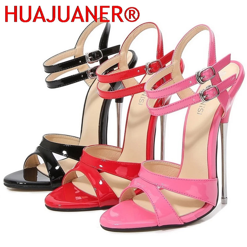 Women Metal High Heel Sandals Sexy Peep Toe Buckle Strap Stiletto Sandals for Nightclub Catwalk Show Princess Internet Celebrity