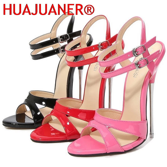 Women Metal High Heel Sandals Sexy Peep Toe Buckle Strap Stiletto Sandals for Nightclub Catwalk Show Princess Internet Celebrity