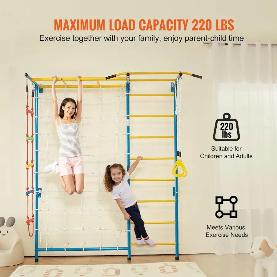 Indoor Jungle Gym for Toddlers 7in1 Climbing Playset with Carbon Steel Swedish Ladder Wall Ladder PullUp Bar Rope Ladder and Gy