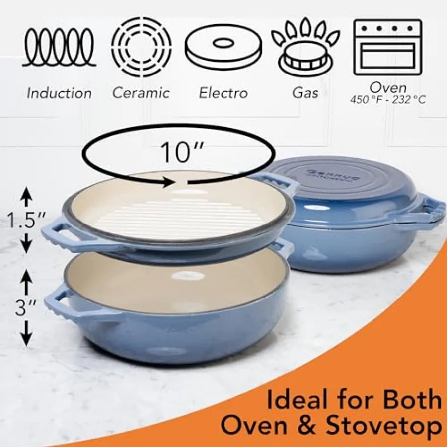 2-in-1 Enameled Cast Iron Braiser Pan with Grill Lid - 3.3-Quart Small Dutch Oven Serves as Both Casserole and Stovetop Grill P