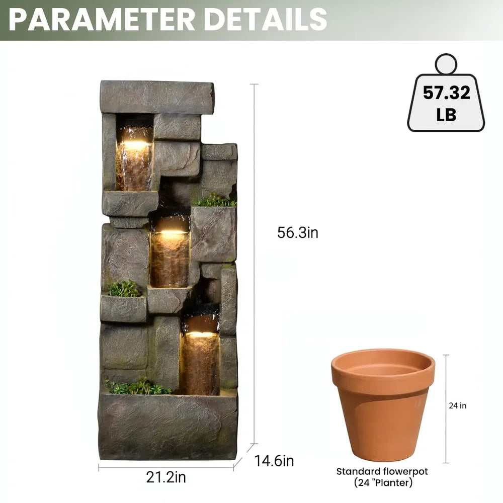 Garden Water Fountains Outdoor Floor Standing, 3 Tier Rock Waterfall Fountain with LED Lights and Pump for Garden,, Customized