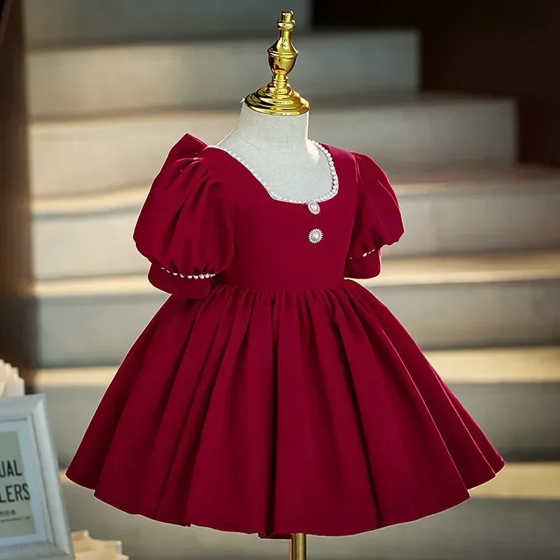2025 Red Dress For Children Formal Party Dresses For Baby Girl ClothesKids With Big Bow Girls Teenagers Beading Plain Ball Gown