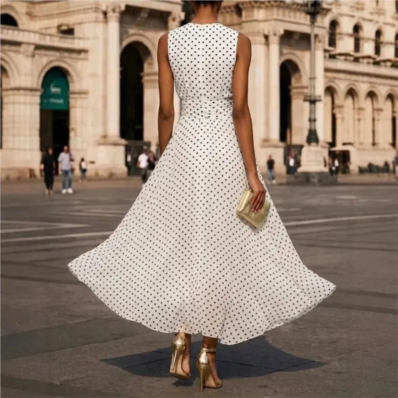 Polka Dot Maxi Dresses Women Elegant Square Neck Lotus Hem Long Gowns Chic Lady Sleeveless High Waist Cinched Summer Robes