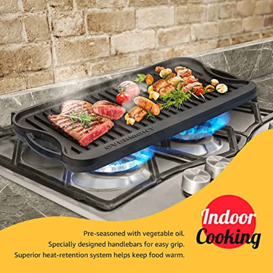 Pre-seasoned 17x9.8" Cast Iron Reversible Griddle Grill Pan with handles for Gas Stovetop Open Fire Oven One tray Scrapers Incl