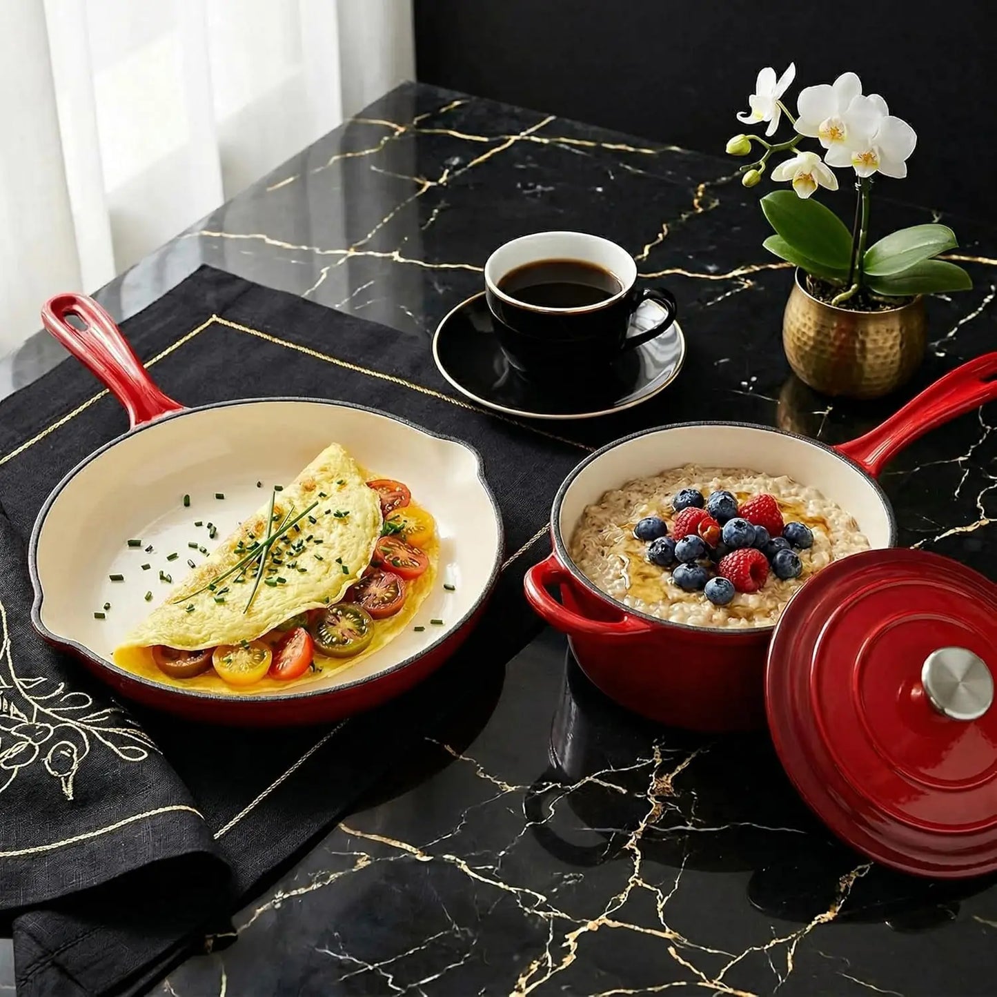 7-Piece Enameled Cast Iron Cookware Set with Lids, Nonstick Pots and Pans for Even Heating on All Stovetops, Red