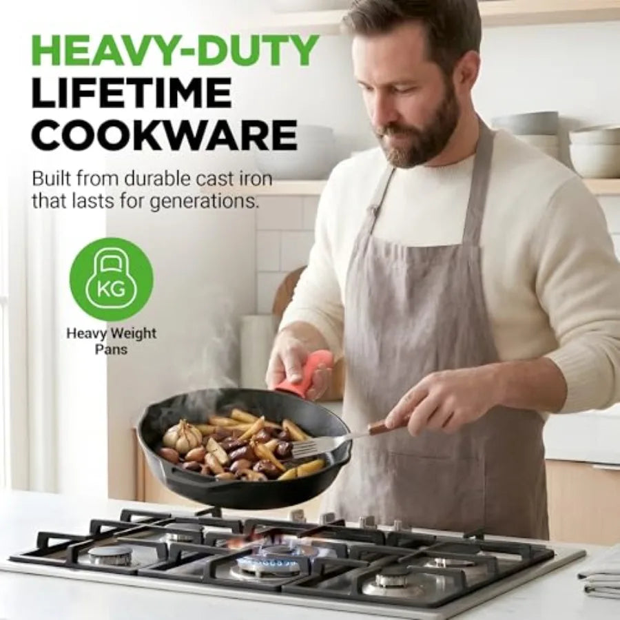 10 Inch Cast Iron Skillet with Lid - Pre-Seasoned Small Fry Pan with Side Drip Spout and Silicone Handle