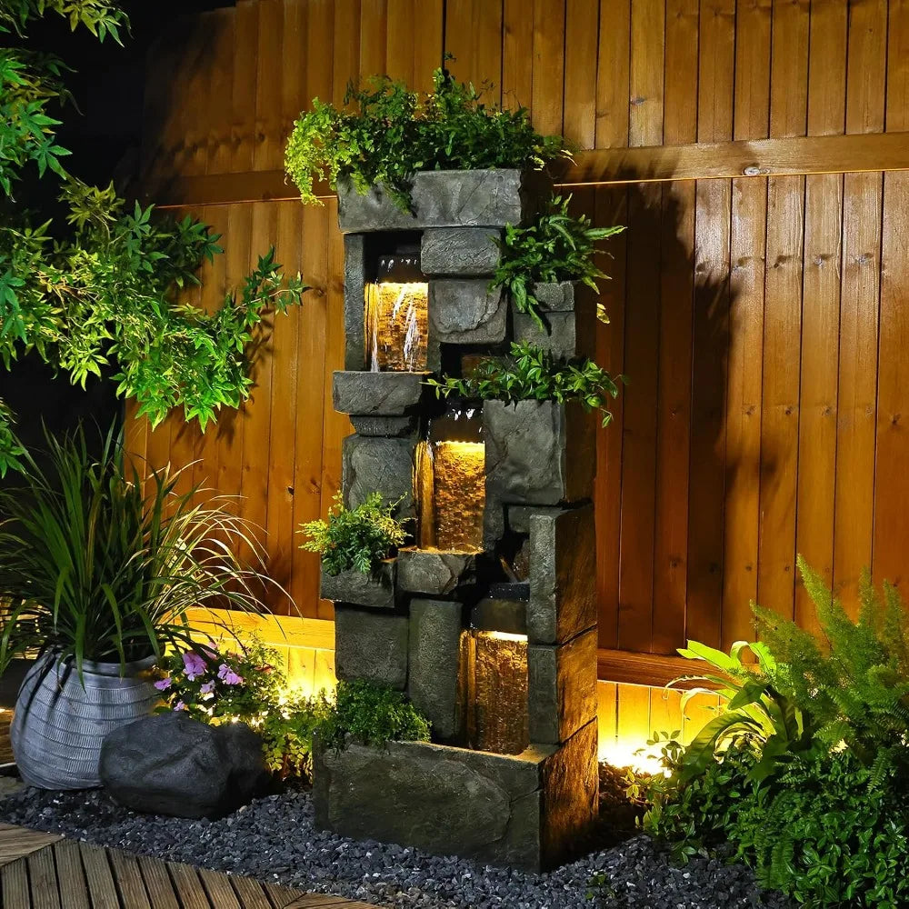 Garden Water Fountains Outdoor Floor Standing, 3 Tier Rock Waterfall Fountain with LED Lights and Pump for Garden,, Customized