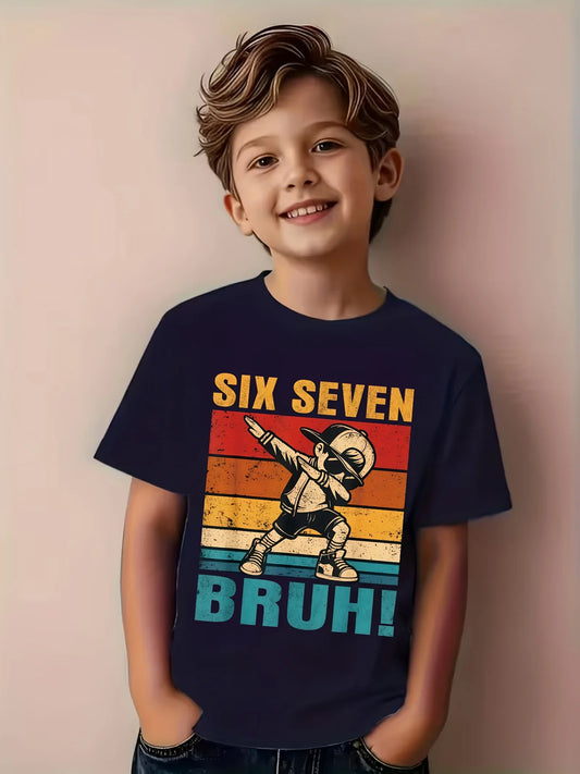 Fun Six Seven Bruh Internet Meme T-Shirt for Boys and Girls - "67" Number Design with Dab Dance Pose - Casual Round Neck Tee, Comfortable for All Seasons, Trendy Gift for Youth - "67" Graphic and Bruh Text, Spring/Summer Vaca