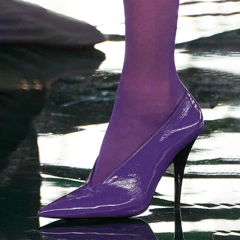 European and American Style Slim High Heels with Toe Caps, Women's Fashionable Outer Wear, Shallow Patent Leather Single Shoes