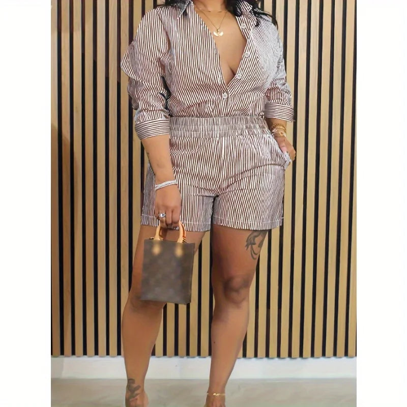 Casual Striped Patchwork Lapel Long-sleeved Two-piece Suit