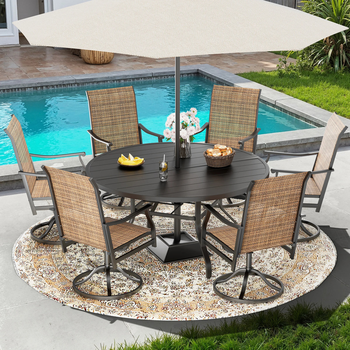 Farini 7-Piece Outdoor Dining Set for 6, 47" Round Table with 6 Swivel Chairs, All-Weather for Poolside, Backyard, Patio, Porch