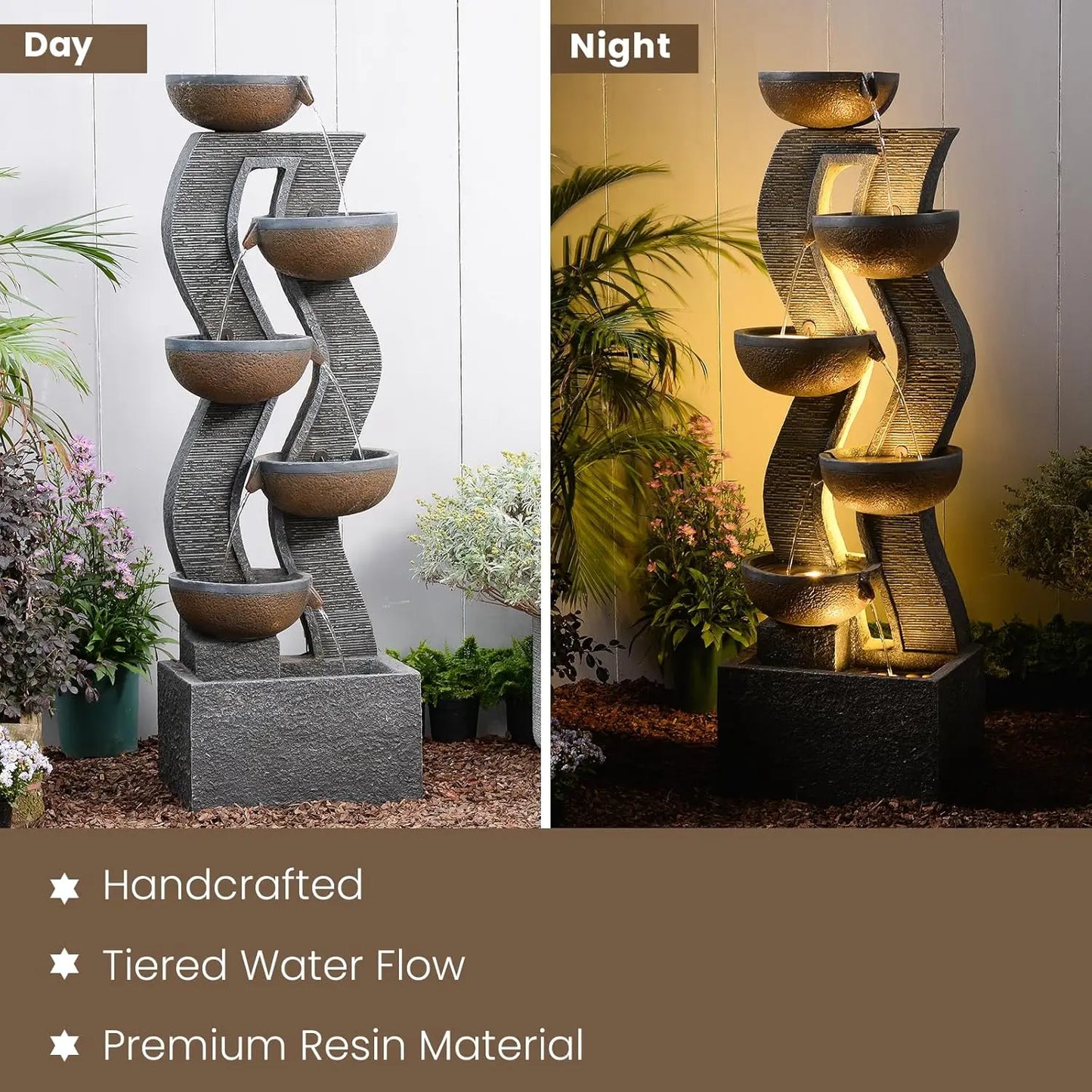 52.8" Tall Outdoor Water Fountain with Lights, 6-Tier Cascading Resin Waterfall Feature for Porch, Garden, Yard, Deck, Patio – L