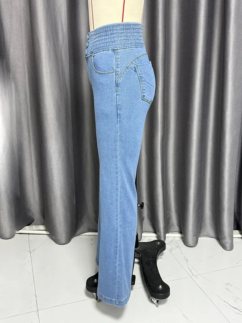 XTOCEAN High Waist Elastic Waistband Flared Jeans Women's Slim Fit Stretchy Butt Lifting Denim Trousers Cross-Border Fashion