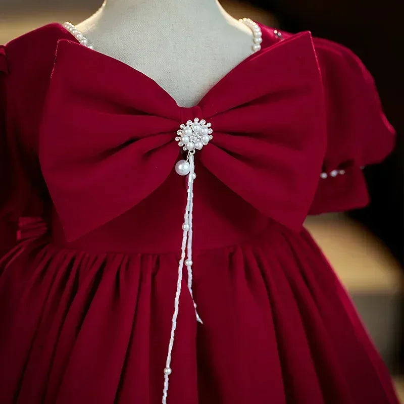 2025 Red Dress For Children Formal Party Dresses For Baby Girl ClothesKids With Big Bow Girls Teenagers Beading Plain Ball Gown