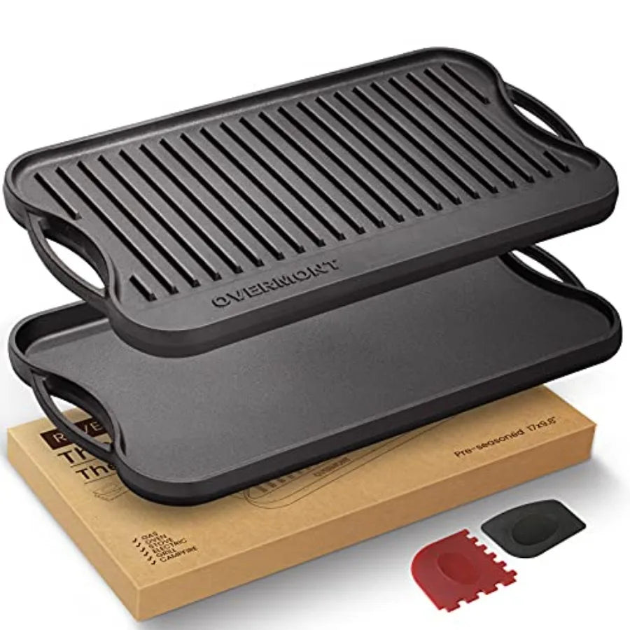 Pre-seasoned 17x9.8" Cast Iron Reversible Griddle Grill Pan with handles for Gas Stovetop Open Fire Oven One tray Scrapers Incl