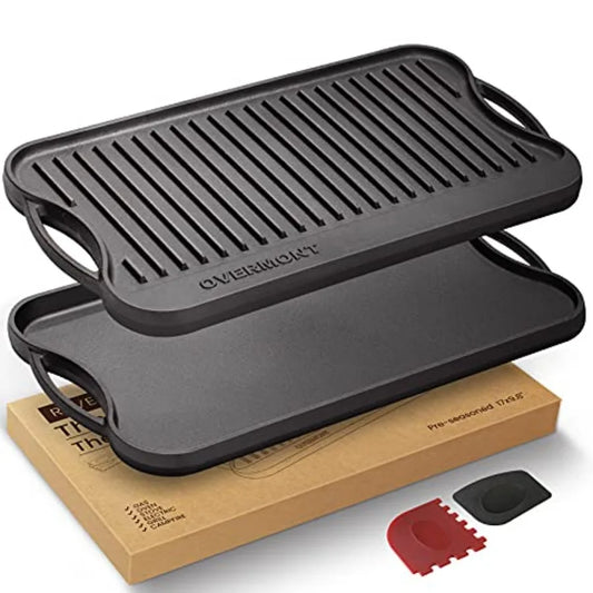 Pre-seasoned 17x9.8" Cast Iron Reversible Griddle Grill Pan with handles for Gas Stovetop Open Fire Oven One tray Scrapers Incl